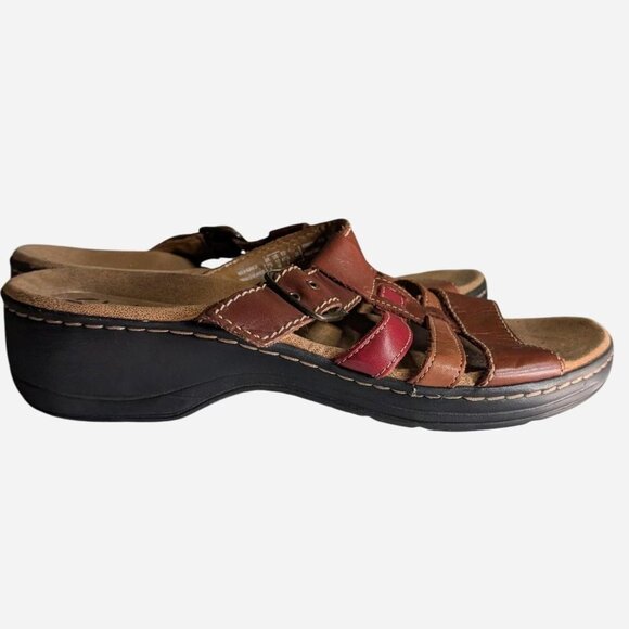 Clarks Leather Slide Sandals Brown/Red • Size 10W • Leisa Bora - Picture 2 of 4